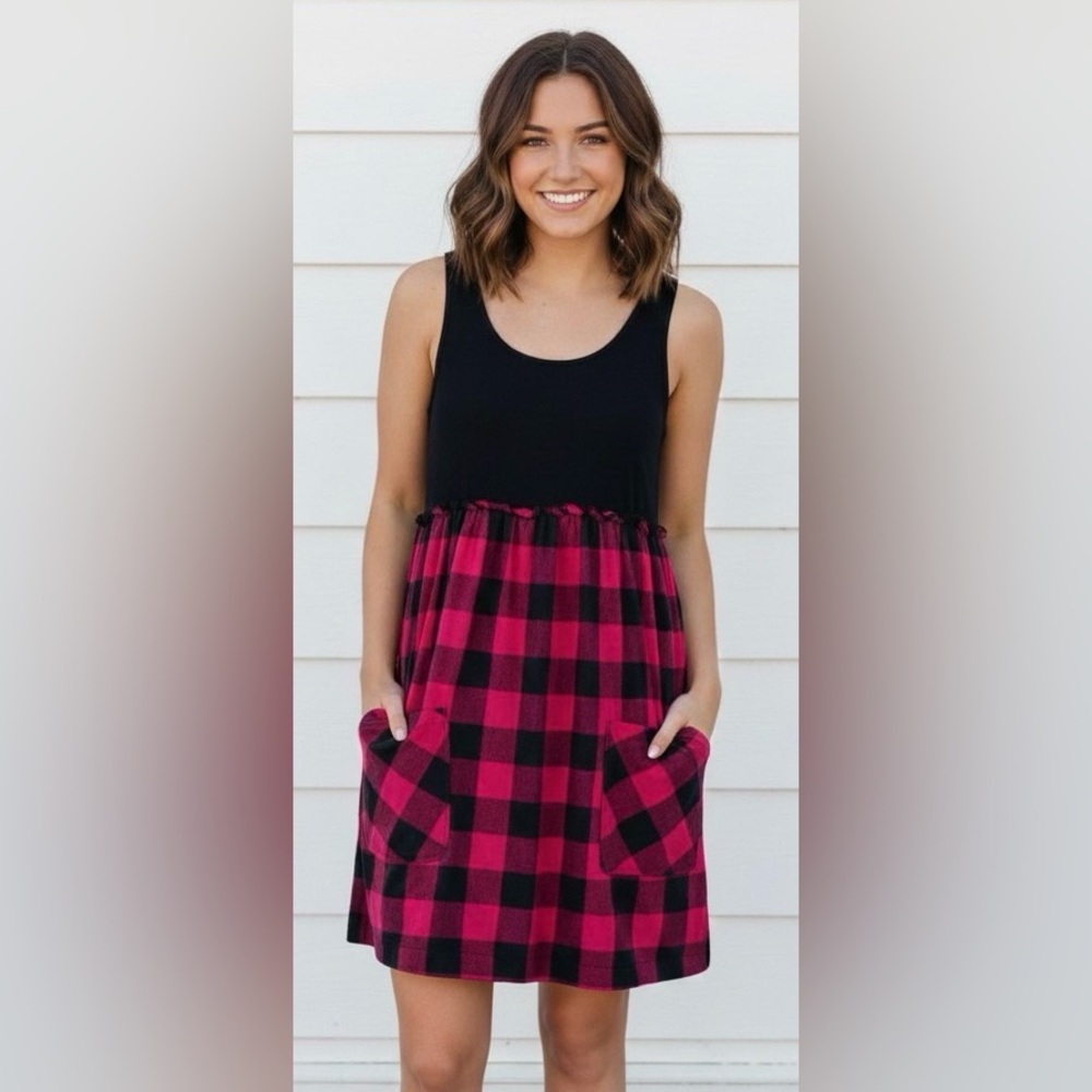 Pink Rose red/pink/black square sleeveless, pockets on the bottom, S girls)